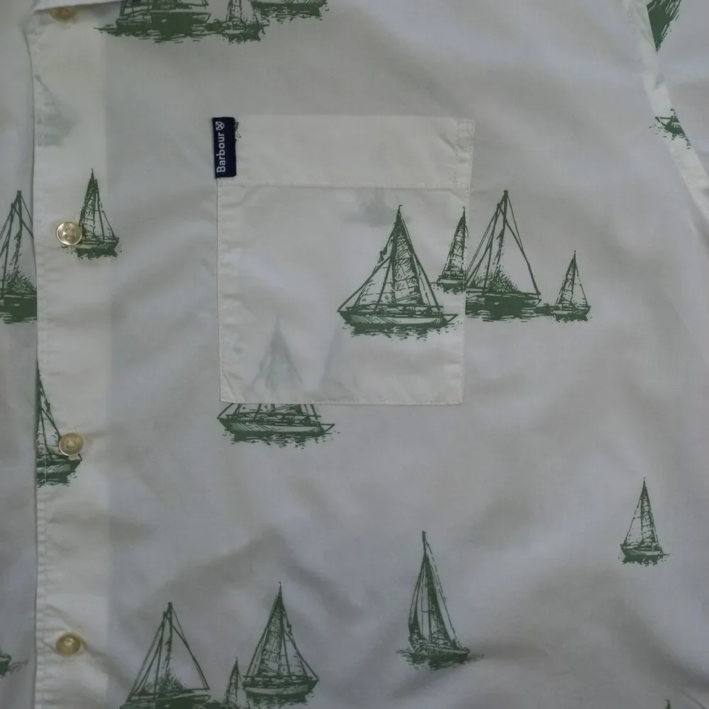 Barbour Shield Shirt Mens L Large UK: XL Sailboat Print White Green MSH4967 EUC